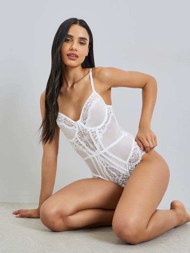 White Lace and Mesh Panel Underwire Bodysuit