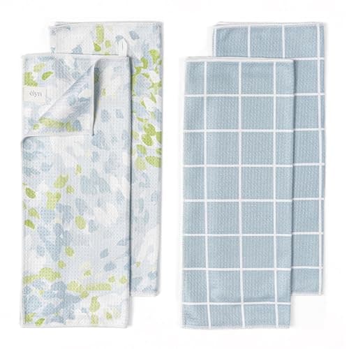 ELYN Microfiber Kitchen Dish Towel Set, Quick-Dry & Absorbent Waffle Weave Cleaning Towels, Set of 4 Kitchen Towels, Paper Towels Alternative (Painterly Floral & Grid)