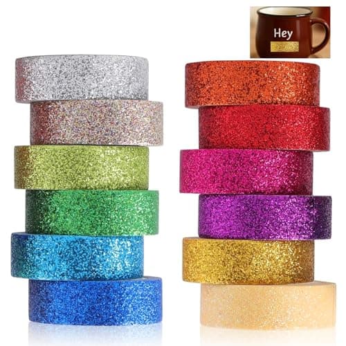 12 Rolls Glitter Washi Tape Set Christmas Washi Masking Tape Decorative Adhesive Tape for Scrapbooking DIY Crafts Crafters Embellished Journals Planners Cards Gift Wrapping Ribbons Wedding A