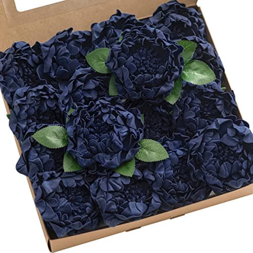 Ling's moment Flowers 16pcs Navy Blue Blooming Peonies Artificial Flowers with Stem, Artificial Peony Flowers for DIY Wedding Decorations Centerpieces Bouquets Boutonnieres