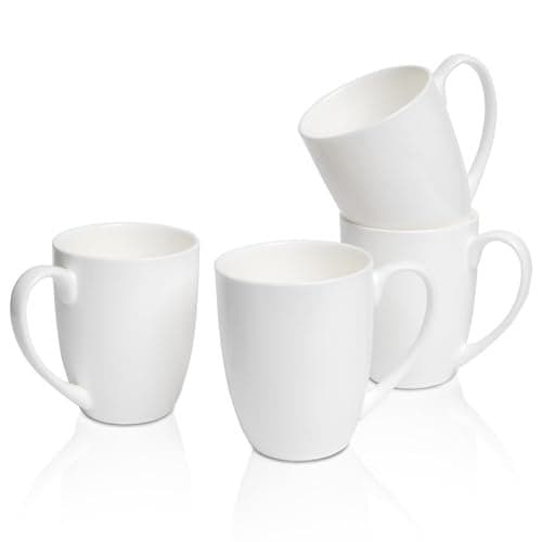 COSTMANCE Plain White Fine Bone China Blank Coffee Mugs Set of 4, 11 Oz Tea Cups with Large Handle, Lightweight Ceramic Coffee Mugs, Aesthetic Coffee Cups