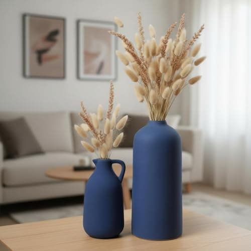 PUREZENTO Tiara Ceramic Vase Set of 2 - Cylinder & Jug Shape Vases for Modern Home Decor | Vase for Pampas Grass, Dried, and Artificial Flowers | Donut Vases for Home, Living Room, Decor Ideas