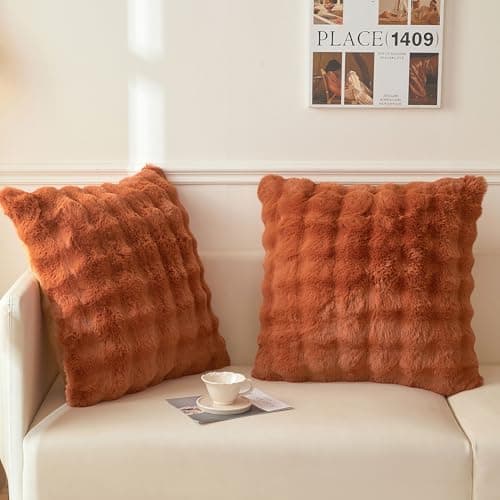 LIFEREVO Set of 2 Faux Rabbit Fur Decorative Throw Pillow Covers 26x26, Cozy Plush Shaggy Bubble Euro Pillow Shams with Zipper, Furry Fuzzy Accent Cushion Covers for Bed Couch Sofa, Burnt Orange