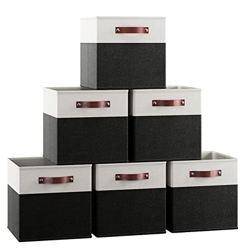 Ornavo Home 13 x 13 Storage Cube Bins, Foldable Collapsible Fabric Storage Bins Box Linen Shelf Basket Cube Organizer for Closet with Leather Handles, 6 Pack, White/Black