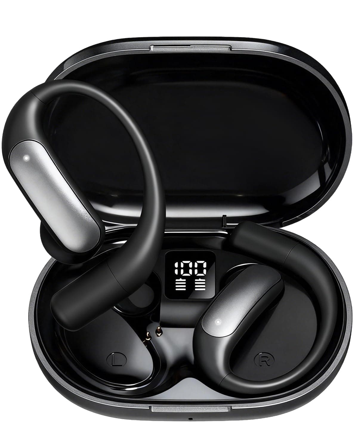 Wentronic Wireless Earbuds Bluetooth 5.4 with Digital Display, Secure Earhook, 48H Playtime, Enhanced Sound, Clear Calls, IP55 Waterproof Ultra-Light Sports Headphones - Grey