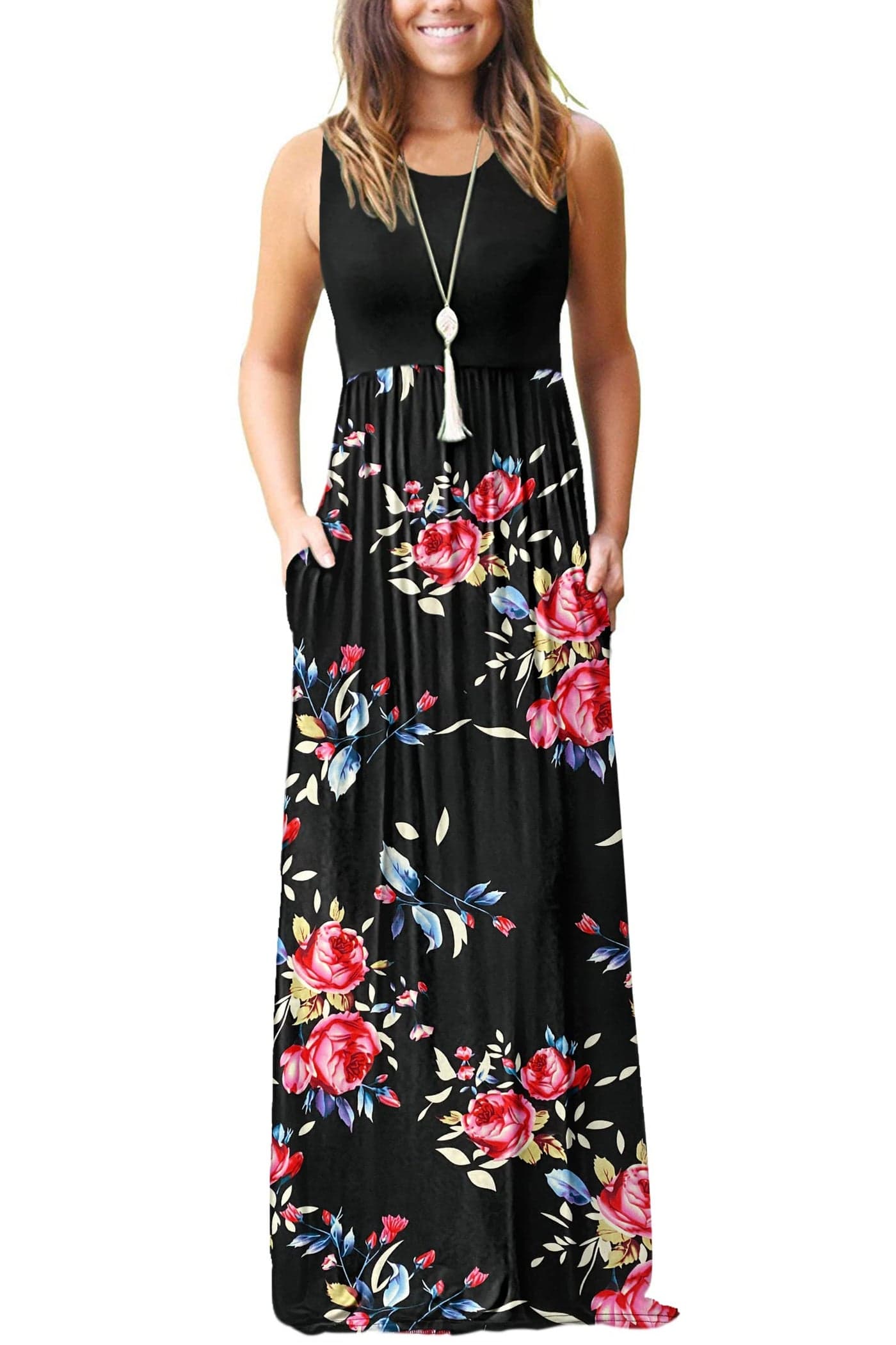 MOLERANI Women's Loose Plain Maxi Dresses Casual Long Dresses with Pockets,Rose Black,L