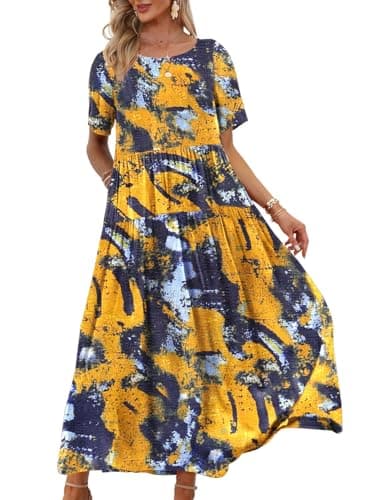 YESNO Women Casual Loose Bohemian Floral Dress with Pockets Short Sleeve Long Maxi Summer Beach Swing Dress XL EJF CR141