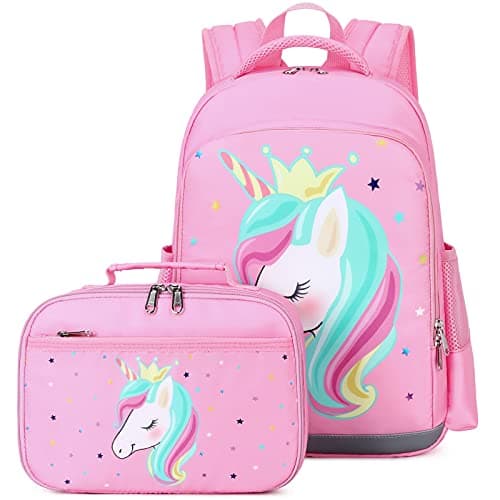 Octsky Unicorn Backpack for Girls, Kids Preschool Backpacks Cute Lightweight With Chest Strap and Lunchbox (Unicorn-Pink)