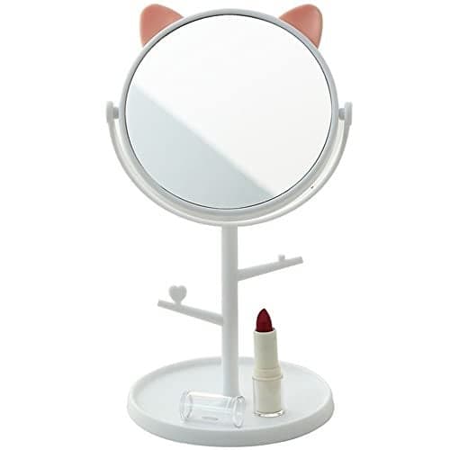 Leeonz Cosmetic Mirror with Storage Tray Cat Ears Adjustable Vanity Mirror with Small Stand for Makeup, Makeup Mirror with Desktop, Cosmetic Mirrors (White)