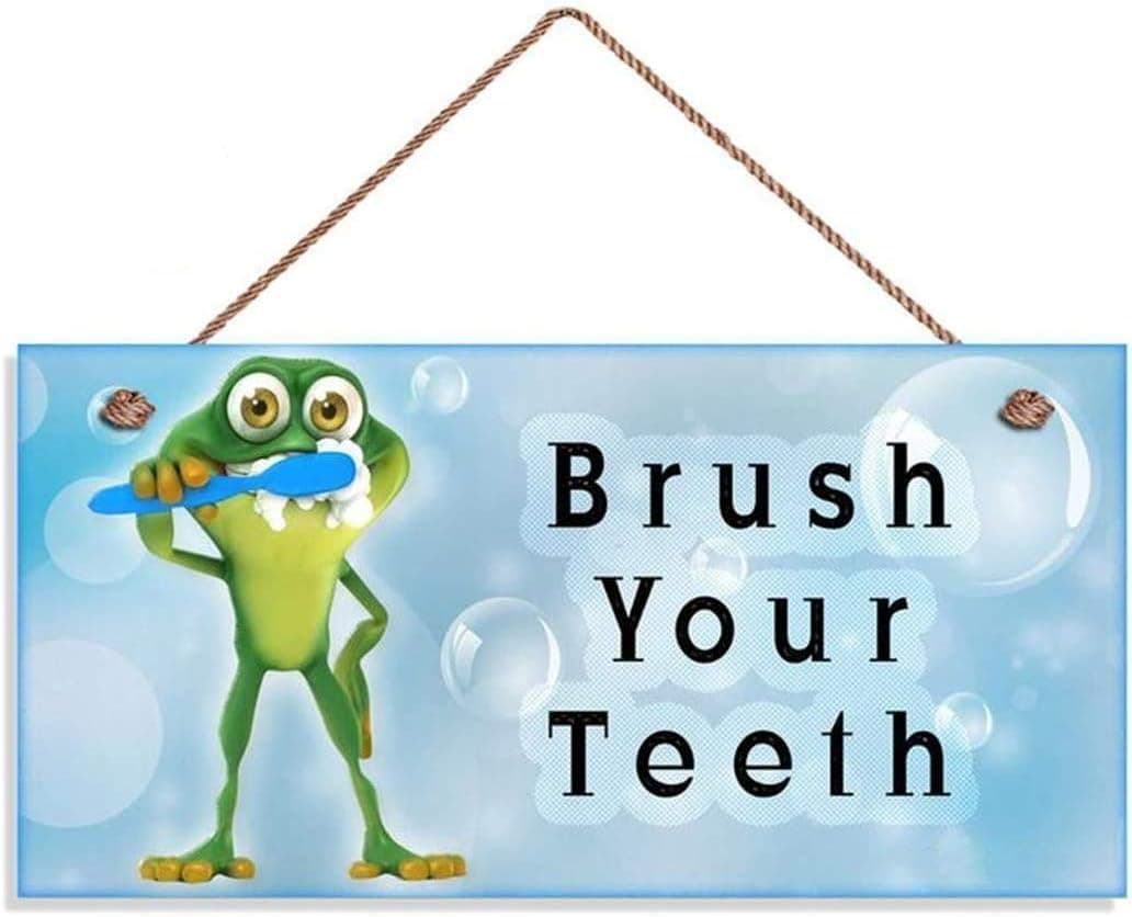 Brush Your Teeth Wood Sign Kids Bathroom Reminder Sign Wall Plaque Frog Brushing Teeth Bubbles 12x6inches