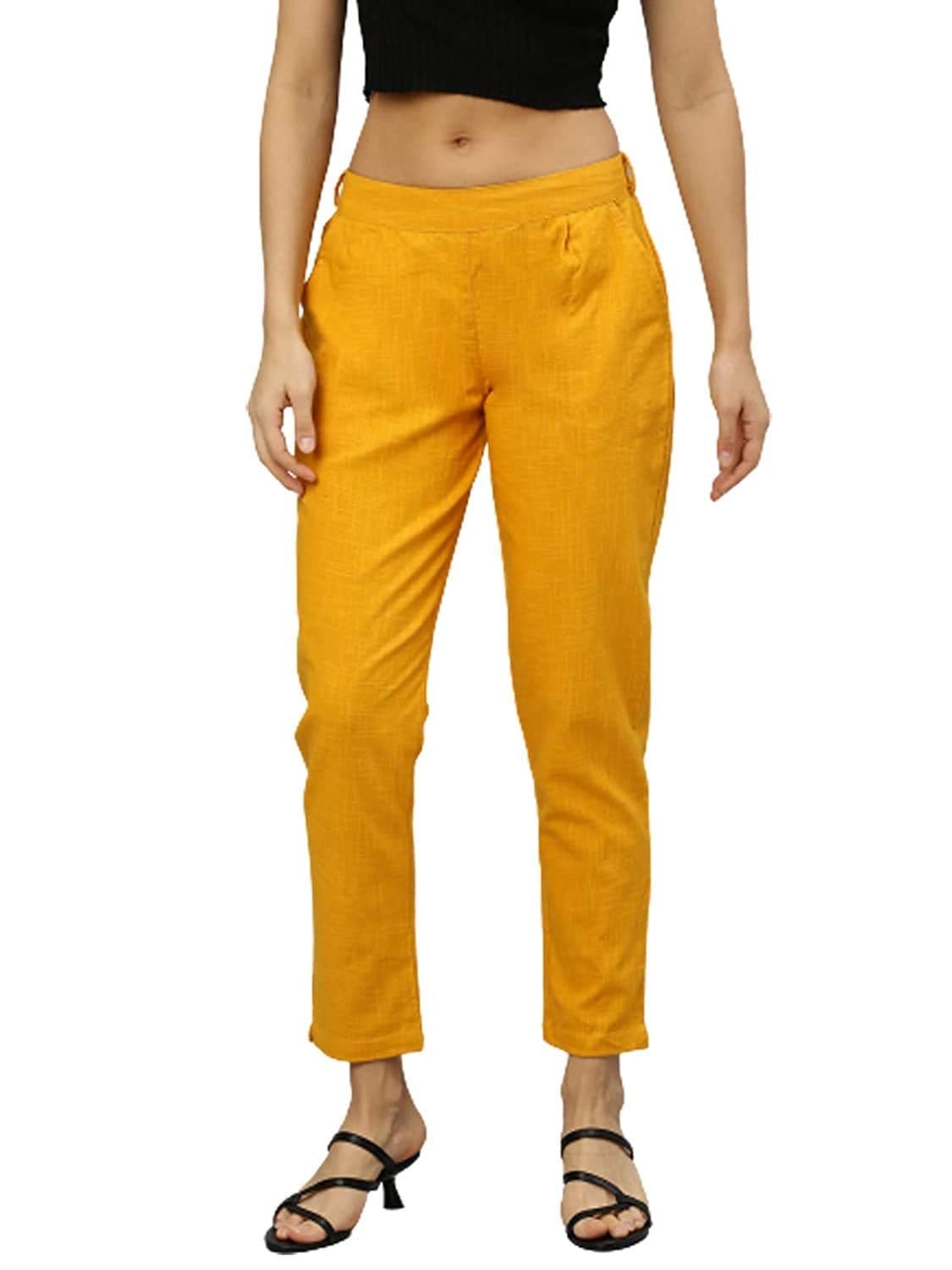 Yash Gallery Women's Cotton Slub Solid Regular Fit Mid Rise Casual Trouser Pants Mustard, XL