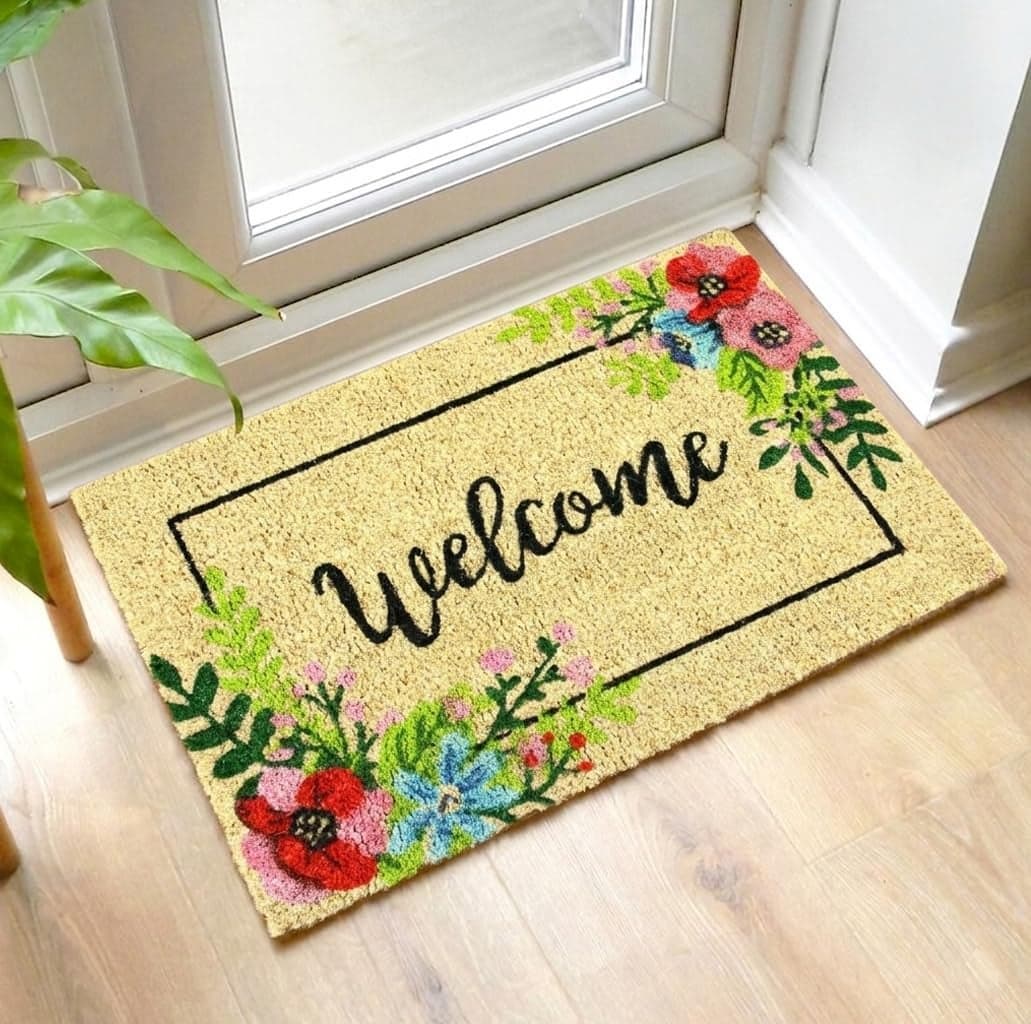 ATMAH Coir Door Mat 40x60 cm Welcome Flower Design for Home Entrance | Anti Slip PVC Backed | Dirt Trapper | Indoor and Covered Outdoor Doormat | Natural
