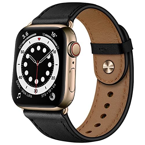 OUHENG Leather Bands Compatible with Apple Watch Band 42mm/41mm/40mm/38mm, Genuine Leather Replacement Strap for iWatch SE3 SE2 SE Series 11 10 9 8 7 6 5 4 3 2 1 (Black/Bronze Gold)