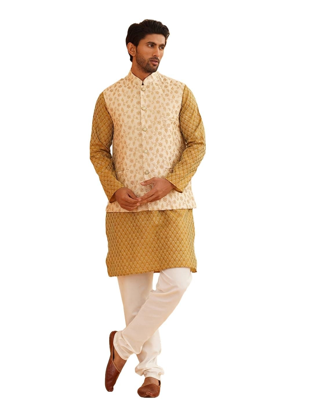 SOJANYA (Since 1958 Men's Silk Blend Self Design Mustard Kurta with Pyjama & Beige Nehru Jacket