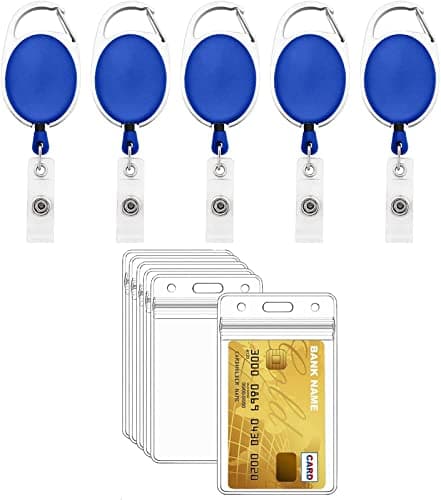 WeKonnect; Heavy Duty Retractable Badge Holder with Waterproof Zip Lock Vertical ID Card Holders for Office ID Cards (Blue - Pack of 5)