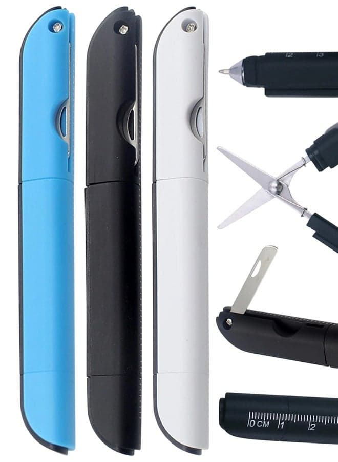 3Pcs Multi-Tool Pen with Scissors, Ruler, and Art Knife – Portable 4 in 1 Utility Pen for Travel and Daily Use