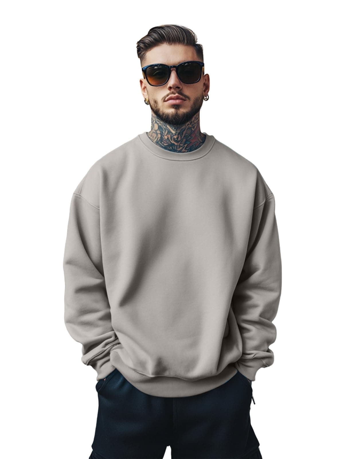 Veirdo® Cotton Polly Fleece Oversized Fit Grey Solid Sweatshirt for Men (VSS0423GYPL12_L)