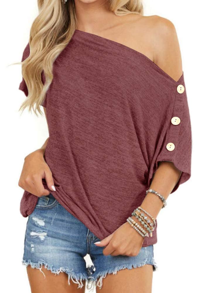 INFITTY Womens Casual Summer Off Shoulder Tops Loose Short Sleeve Shirt Button Down Blouse Burgundy X-Large