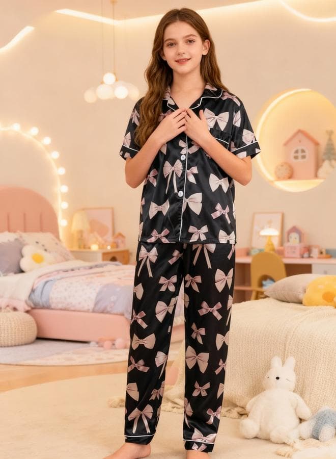 Girls Bow Print Pocket Detail Shirt And Pyjama Set