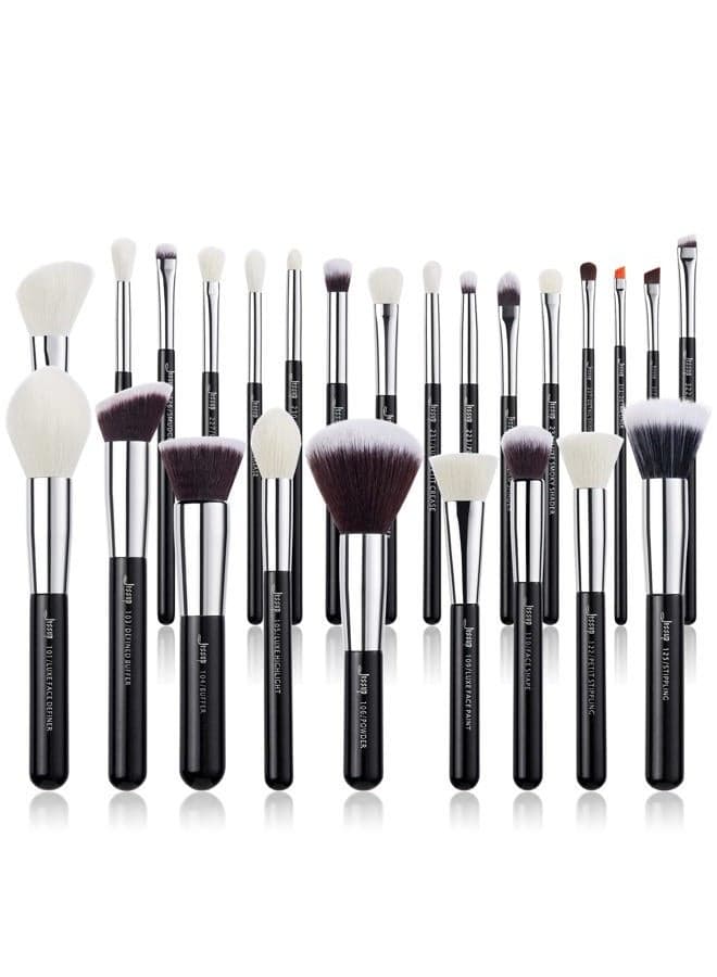 25pcs Professional Makeup Brush Set Foundation Powder Concealer Eyeshadow Blending Blush Highlighter Natural-Synthetic Hair Brushes (Black/Silver)