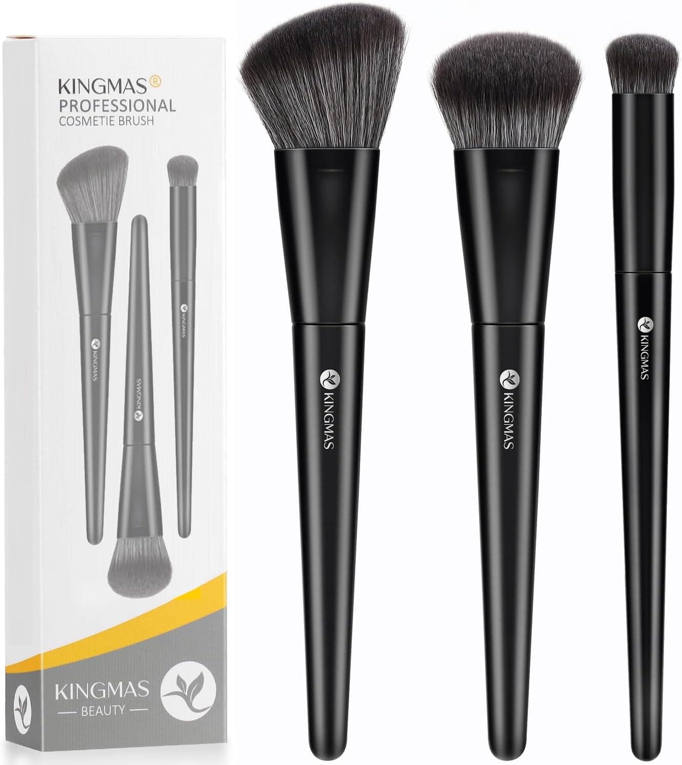 KINGMAS Kabuki Makeup Brushes 3Pcs Angled Foundation Brush Contour Concealer Brush Under Eye Blusher Brush for Face Blush Bronzer Travel Buffing Stippling Contour Liquid Blending Makeup Brush set