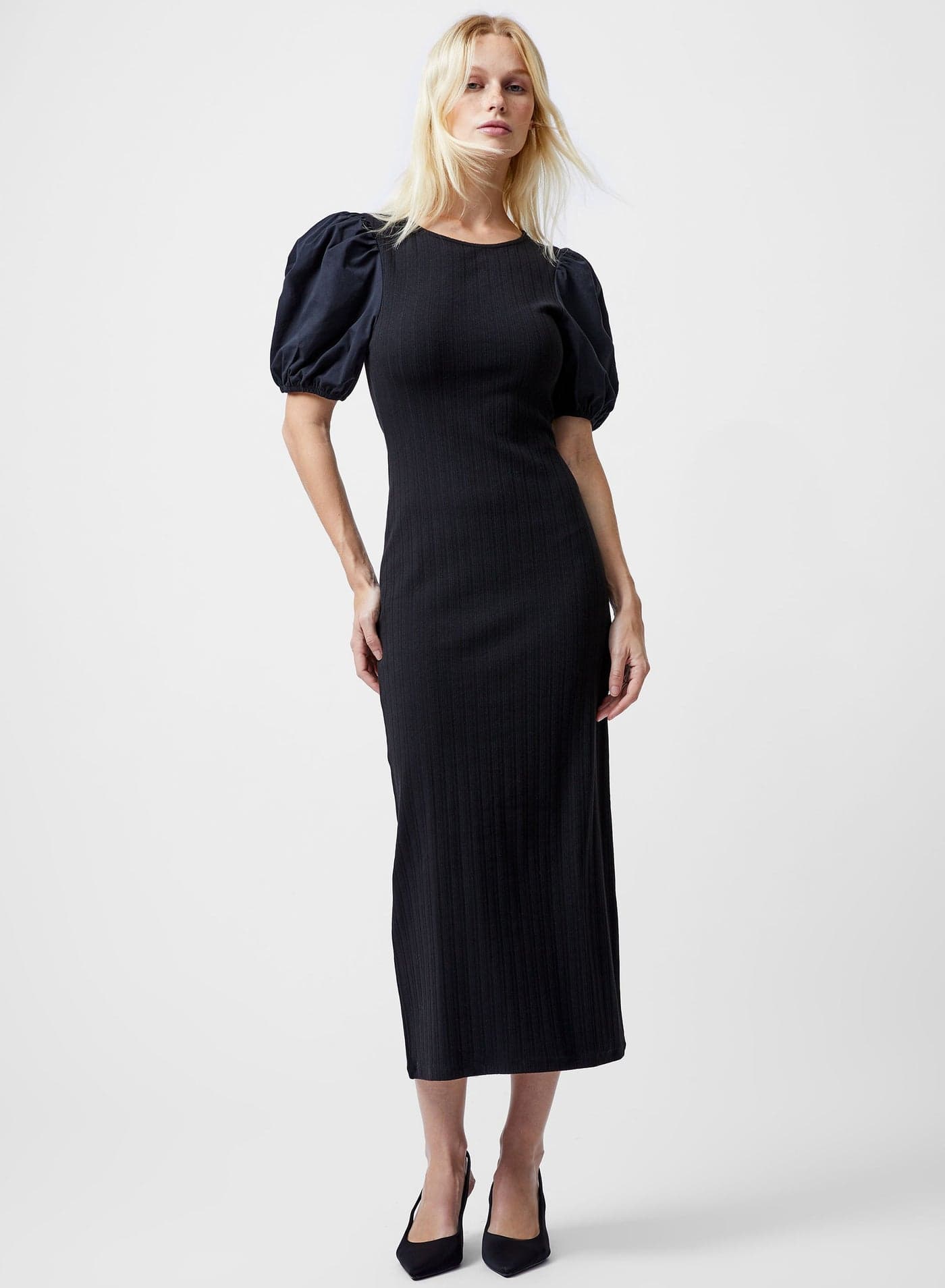 Sasia Ribbed Puff Sleeve Midi Dress