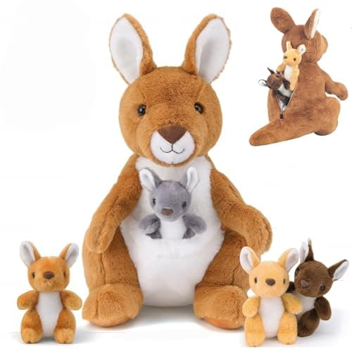5 in 1 Kangaroo Stuffed Animal with Babies 16 Mommy Stuffed Kangaroo Plush Toy with 4 Baby Joey Plush and Pouch Plush Kangaroos Set for Kids Boys Girls Birthday Easter Stuffers Gifts Party Favors