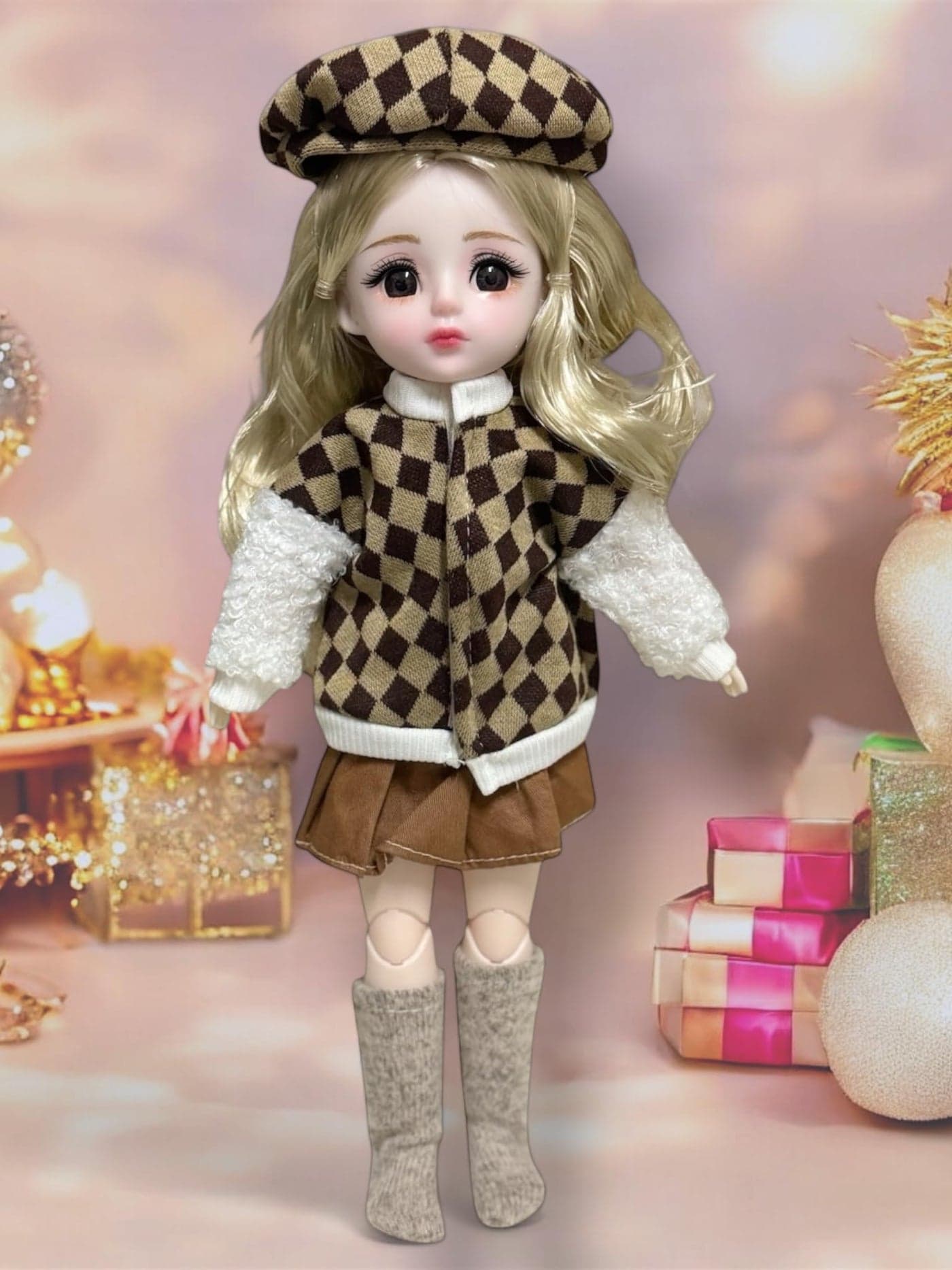 ADKD Premium Fashionable Doll with Movable Joints, Blonde Hair and Stylish Outfit Height 30 cm (Colour and Decorations May Vary) (Brown Black Multicolor)