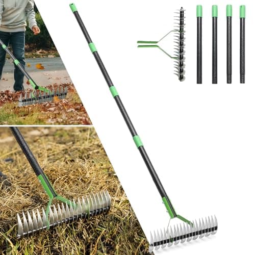 Thatch Rake, 13" Wide Efficient Dethatcher Rake with 70" Adjustable Long Handle, Heavy Duty Steel Metal Dethatching Rakes for Cleaning Dead Grass, Loosening Soil, Lawn Care in Yard Garden