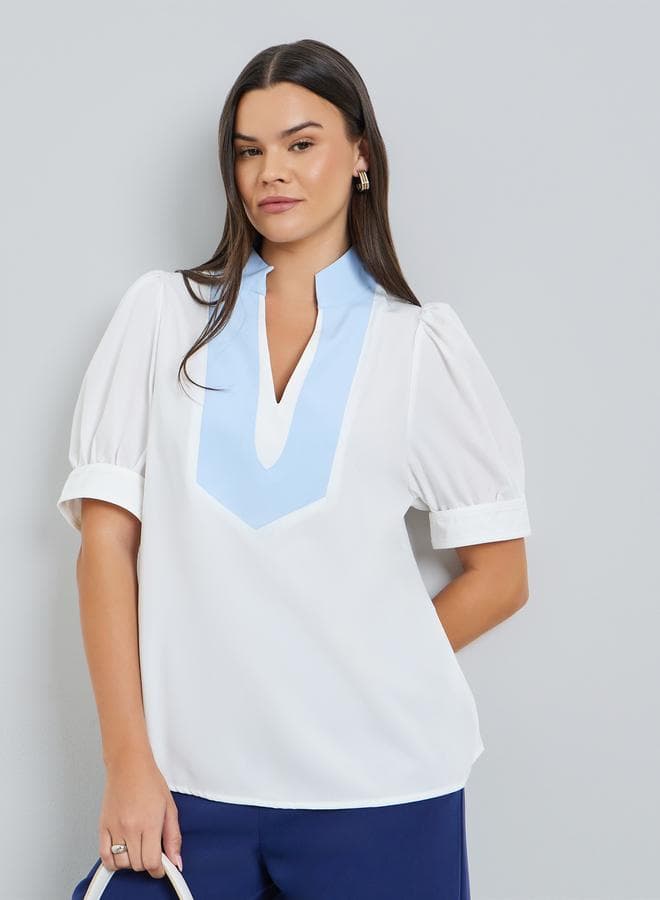White Puff Sleeve Contrast Neckline Top