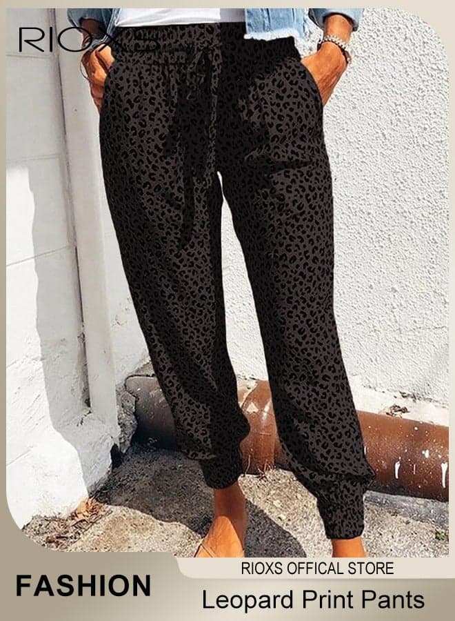 Women's Long Pant, Casual Trousers With Front Pockets, Regular Fit Basic Trousers For Women, Ladies Classic Capri Pants, Baggy Wide Leg Pants, Elastic Waisted Loose Harem Pants, Comfy Beach Trousers For Work And Daily Wear-Black Leopard Trousers