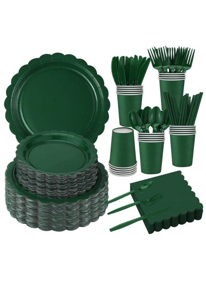 200 Pcs Disposable Paper Plates and Napkins,25 Guest Party Supplies Dinnerware Set Include Scalloped Paper Plates Napkin Cup Straw Plastic Spoon Fork Knive for Party,Wedding,Birthday (Green)
