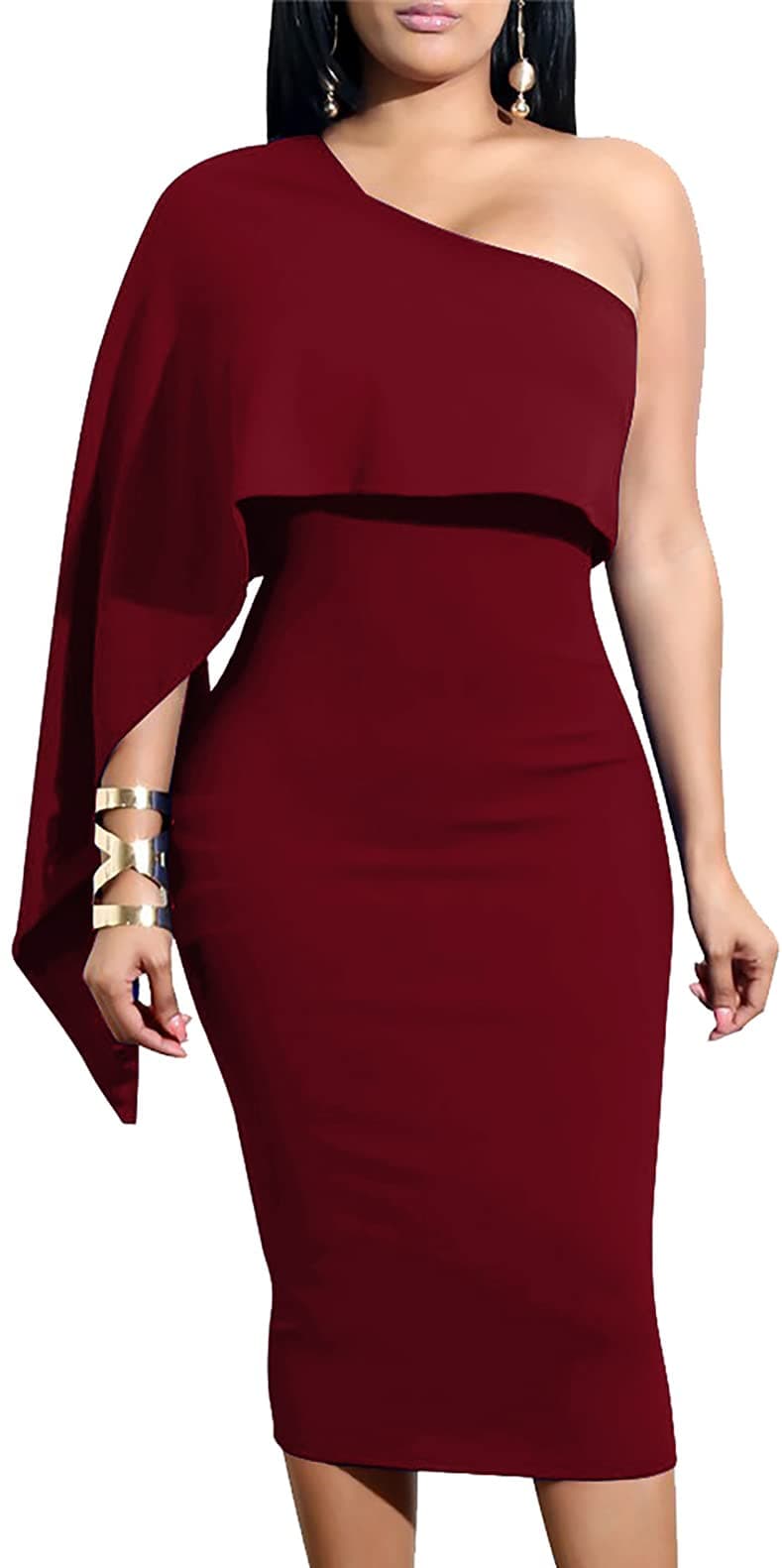 GOBLES Women's Summer Sexy One Shoulder Ruffle Bodycon Midi Cocktail Dress Burgundy