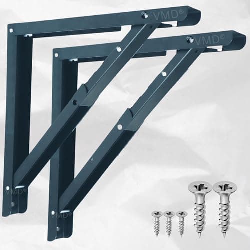 VMD, Heavy Duty 20" (Grey) Foldable Shelf Bracket, DIY Folding Shelves, l Bracket, Wall Brackets, Wall Angle Bracket, Folding Table Bracket with Fittings for fold Down Steel Table (Pack of 2)