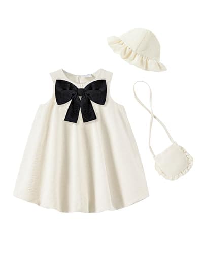 SODLON Toddler Girl Dresses 18 24 Months Summer Baby Clothes Cream Vintage Bow Bubble Dress Linen Sleeveless Sundress 3-Piece Set with Hat & Bag Spring Casual Outfit for Beach Vacation