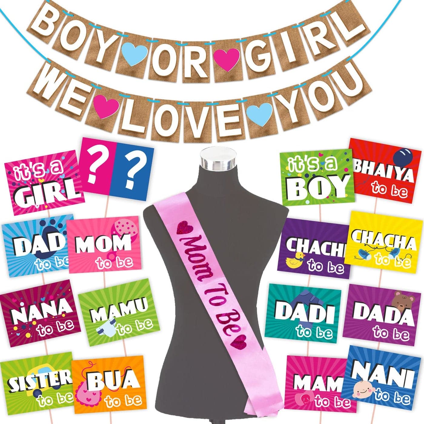 WOBBOX Baby Shower Combo of Party Props 16 Pcs Jute Style Boy Or Girl We Love You Bunting Banner with Mom to be Light Pink Sash Baby Shower Decoration Item Pack of 3