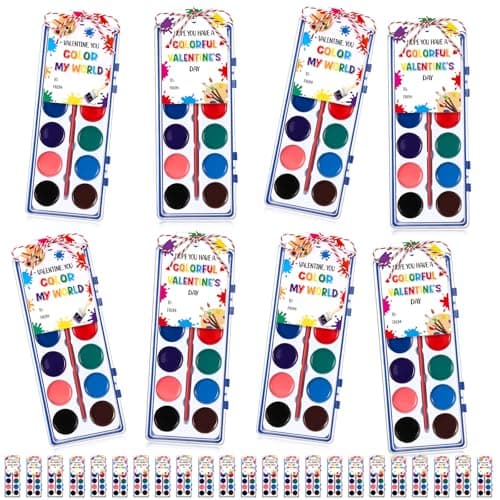 Sabary 32 Pack Valentine Watercolor Paint Sets Valentines Day Washable Watercolor Paints with Gift Cards and 20 Meters Rope for Classroom Exchange Gifts Valentine Party Favors Art Activities