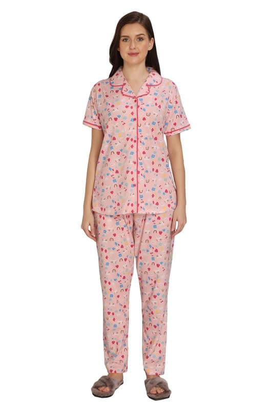 GLAMORAS Cotton Printed Night Suit Set of Shirt & Pyjama for Women | Collar Neck, Half Sleeve & Relaxed Fit Pyjama Set | Casual Night Wear Dresses for Women | Beige XL