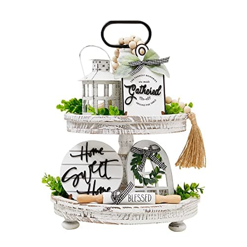 Houmury Set of 17 Farmhouse Tiered Tray with 1 Lantern Artificial Plant& Cutting Board Sign for Rustic Home Sweet Home Kitchen Decor Tier Tray Decor Set