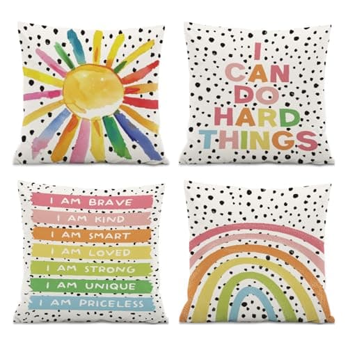 ISANOU Boho Classroom Decorative Pillow Covers,Inspirational Colourful Sun Rainbow Throw Pillow Covers Decor for Nursery Playroom Living Room Kids Bedroom,18x18 Inch Pillowcase Set of 4