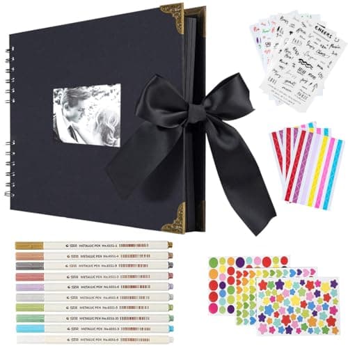 HASTHIP ® DIY Scrapbook Photo Album Kit, Anniversary Gift for Couple Special, A4 DIY Wedding Album Set with Color Stickers, Color Pen, Graduations Album Memory Photo Album, 80Pages/40Sheet, Black