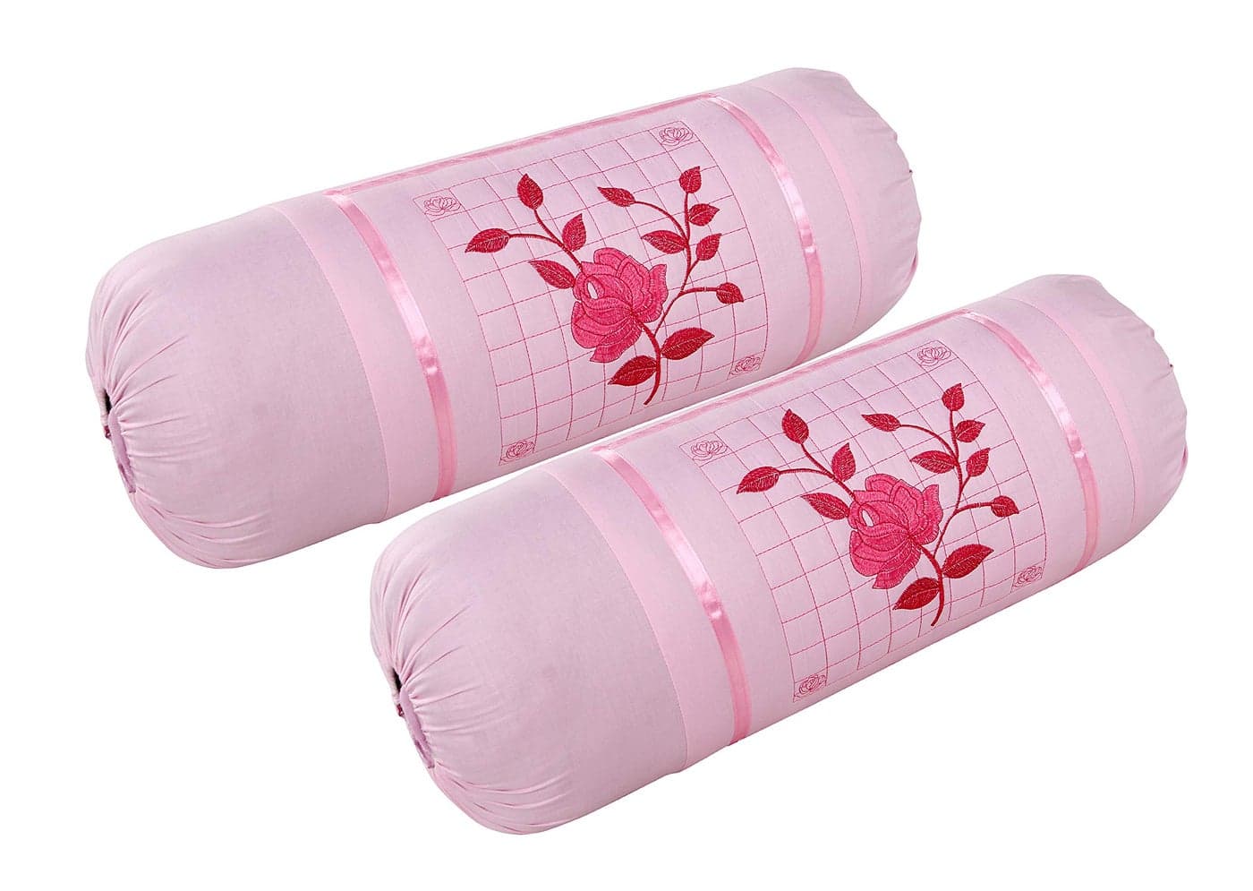 Rj Products® Embroidered Cotton Bolster Covers Set of 2 - Pink Color