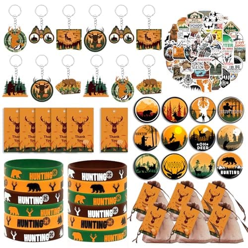 Tazimi 110 PCS Hunting Party Favors Hunting Birthday Party Supplies Camo Party Favors with Hunting Keychains Stickers Rubber Bracelets Button Pins and Bags for Hunting Theme Party