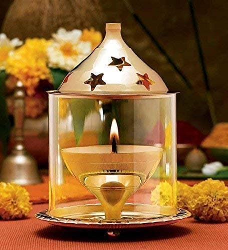 Case Creation Brass Akhand Diya with Glass Cover 5 Inch Diwali Decor for Pooja Home Decoration Gifts Borosilicate Batti Lamp with Wick Holder Gold Lid for Jyoti Lighting in Bedroom Mandir