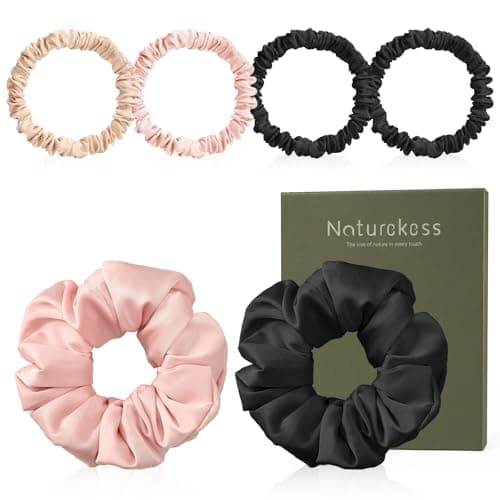 6PCS 100 Mulberry Silk Scrunchies Set 2 Large and 4 Thin Silk Hair Ties for Women No Damage Hair Accessories Black Pink Champagne