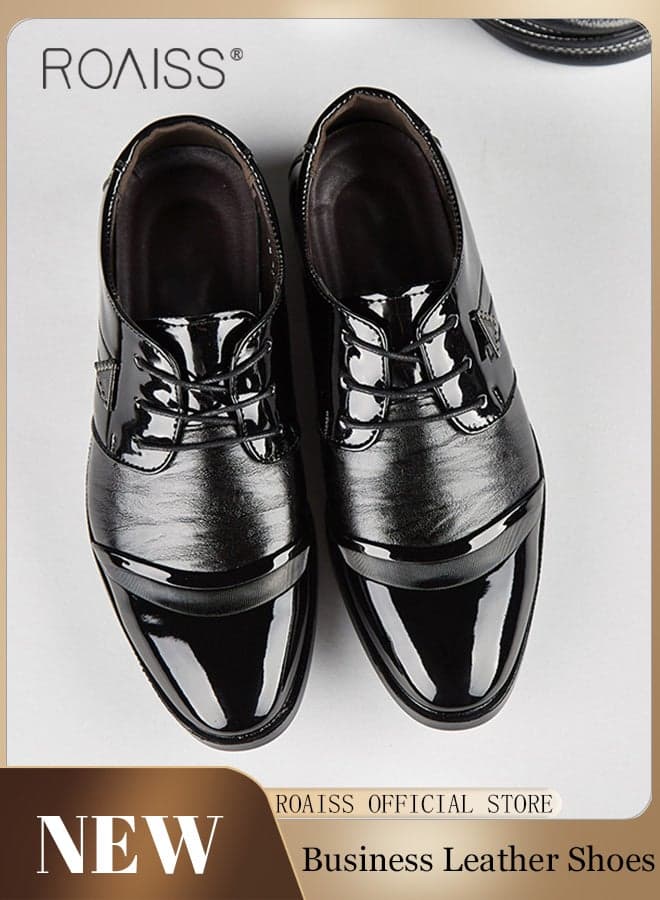Men Patent Leather Shoes, Low Top Lace-up Formal Shoes with Non Slip Sole, Stylish Dress Shoes for Men, Simple Classic Business Leather Shoes, Suitable for Daily Wear, Business, Wedding and Outdoor Activities Black