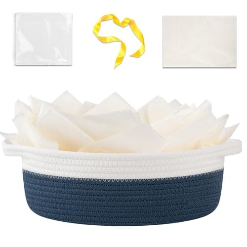 OIAHOMY Gift Basket Empty with Handle, 12"x 8"x 5" Small Woven Basket with Gift Bag, Ribbon and Wrap Tissue Paper, Dog Toy Storage for Organizing - Blue & White