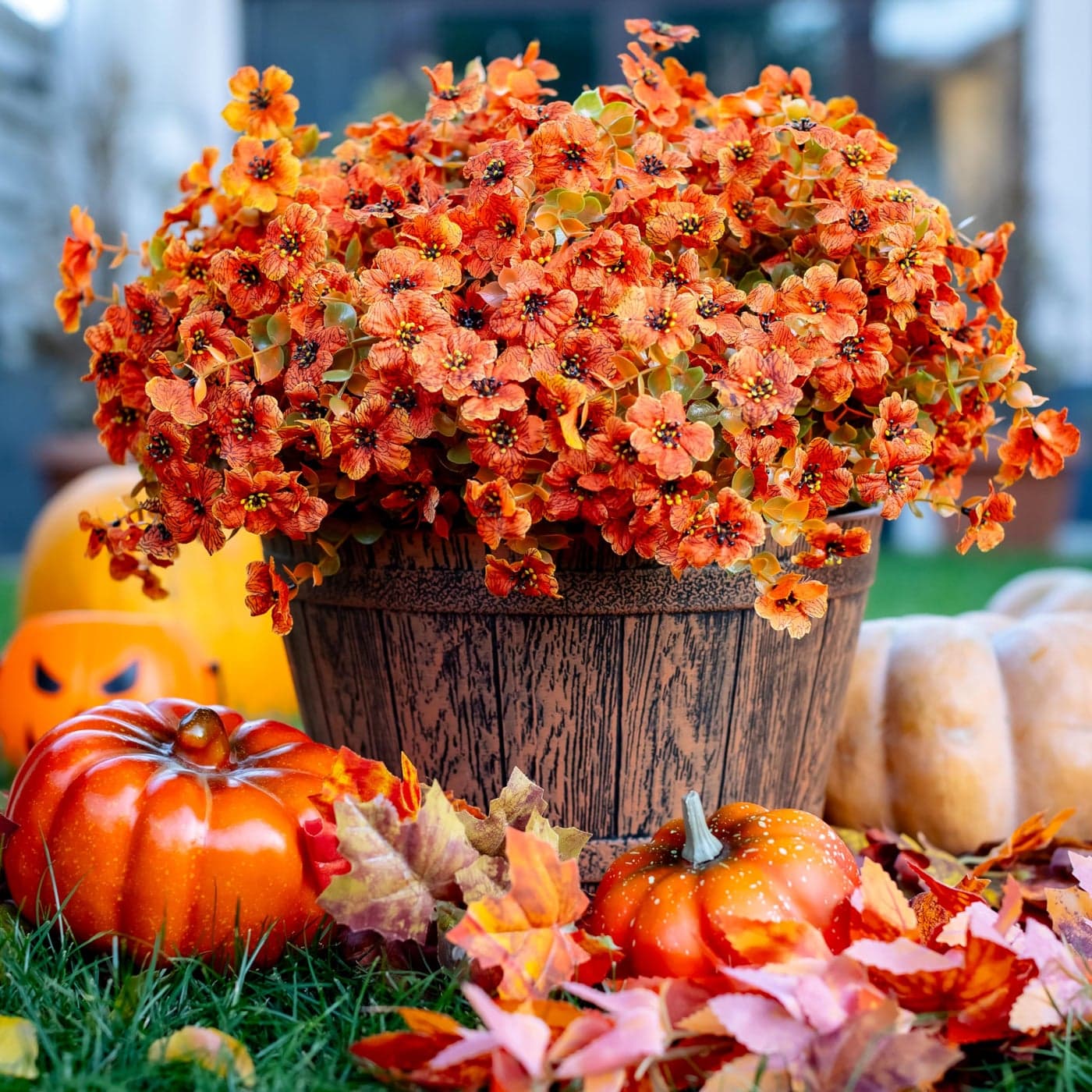 AXYLEX Artificial Fall Flowers Outdoor Fake Mums 16 Bundles Fake Plants UV Resistant No Fade Faux Plastic Greenery Garden Porch Patio Fall Home Decor Orangegreen