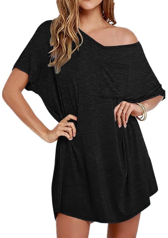 Ekouaer Womens Tshirt Nightgown Cotton V Neck Sleepshirts Comfy Casual Nightshirt for Women, Black, X-Large