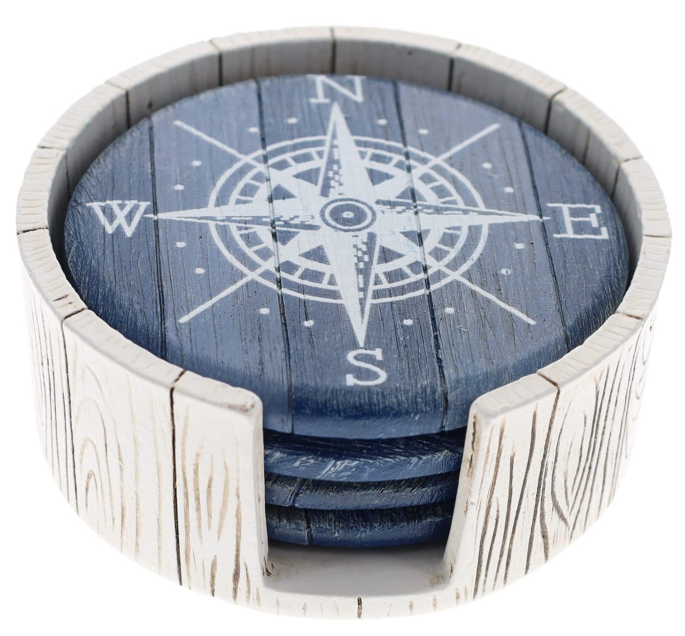 Compass Rose Coaster Set Nautical Ocean Beach Boat Coastal Decor Rustic Weathered BlueWhite Finish